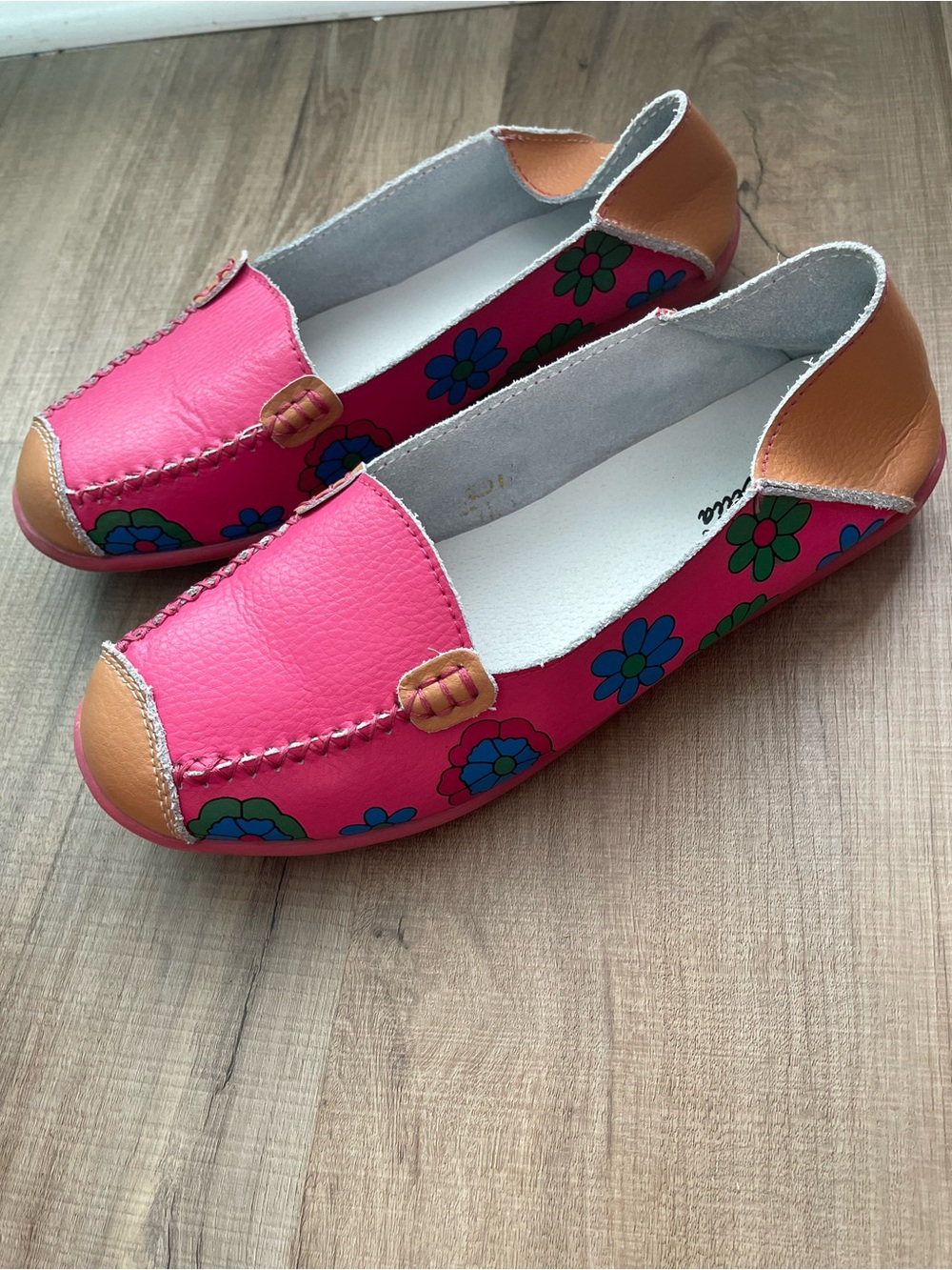 Venus Celia Pink Floral Leather Slip-On Loafers with Tan Accents